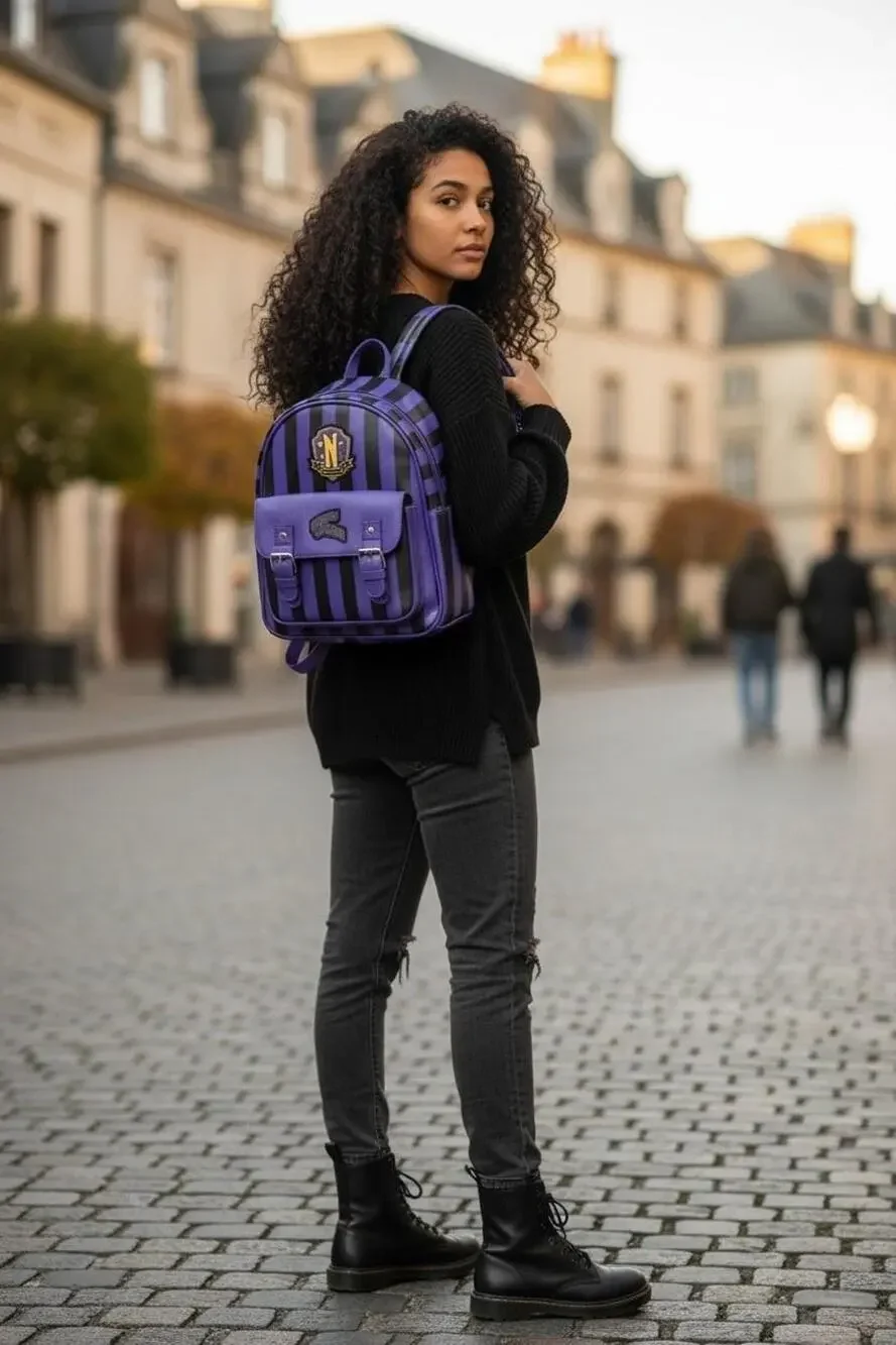 Nevermore Academy Backpack Bag Womens Mini Purple Black Striped Gothic School